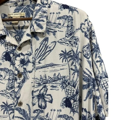 Camisa havaiana masculina vintage Island Passport 2XL botão azul floral 100% rayon pai - Imagem 1 de 4