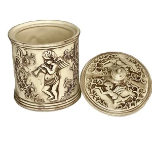 Vintage Cherub Vanity Jar With Lid Japan Beige Trumpets Vines - Picture 1 of 14