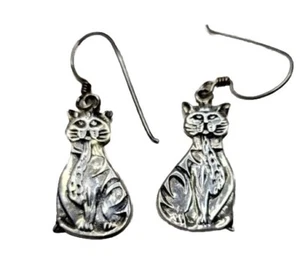 Vintage Cat Feline Sterling Silver Earrings 925 Dangle Pet Animal Big Stripes - Picture 1 of 6