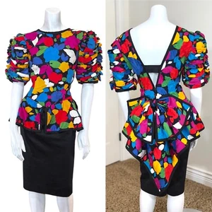 Vintage 80’s RUCHED SHOULDER PARTY DRESS M Peplum Vibrant Abstract Print Ruffle - Picture 1 of 12