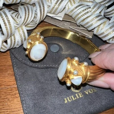 NEW Julie Vos Hinged Bangle Cuff Bracelet 24k Gold Plate & Creamy White NWOT - Image 1 of 4