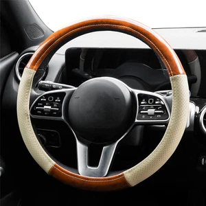 15'' Car Beige Steering Anti-slip Leather Auto Wheel Wood Grain Cover Breathable - Foto 1 di 9