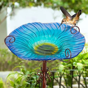 Blue Glass Bird Bath for Outdoor Metal Stake Animal Feeder Bowl Garden Supplies - Picture 1 of 12