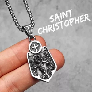 Cross Shield St. Christopher Stainless Steel Men Necklaces Pendant Chain - Picture 1 of 8
