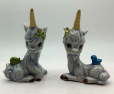 Pair Vintage Ceramic Unicorn w/ Bird Snail Figurine Hand Painted 3.25"