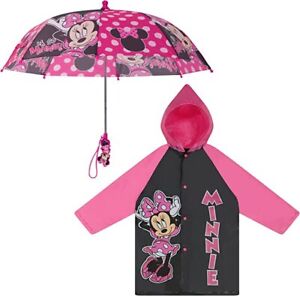 Disney Minnie Mouse Kid Umbrella with Matching Raincoat Poncho for Girls Age 2-5