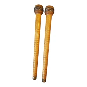 2 Antique Primative Sewing Embroidery 9"  Brown Wooden Weaving Bobbins - Picture 1 of 6
