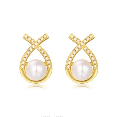 6.5mm Freshwater Cultured Pearl Diamond Wedding Stud Earrings 14K Yellow Gold FN - Image 1 of 4
