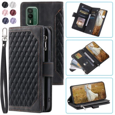 Luxury Rhombic Leather Wallet Phone Case Zipper Flip Card Case For Nokia XR21 - Image 1 of 4