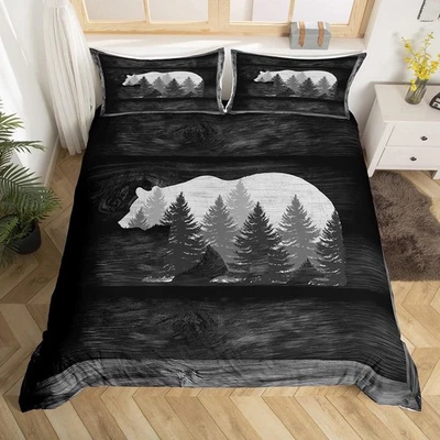 Lodge Cabin Duvet Cover Gray Bear Pine Tree Silhouette Pattern Comforter Cove... - Image 1 of 4