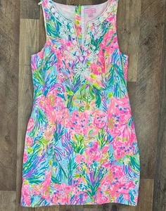 Lilly Pulitzer Womens Gabby Fan Shift Dress 8 Pink Blue Sea Resort Vacation - Picture 1 of 21