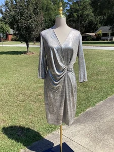Beautiful Anne Klein Women’s Silver Metallic 3/4 Sleeve Faux Wrap Dress Size 10 - Picture 1 of 6