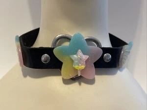 Kawaii Goth Lolita Black Star Wing Heart Leather Choker Necklace Handmade - Picture 1 of 5