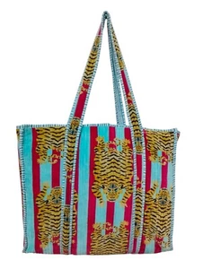 Borsa a tracolla trapuntata indiana nuova stampa tigre donna spiaggia cotone tote borsetta - Foto 1 di 3