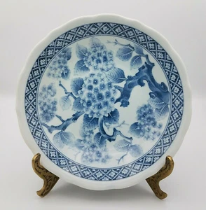 Antique Asian Porcelain Shallow Bowl Fluted Rim Blue & White Approx 8" Signed - Picture 1 of 5