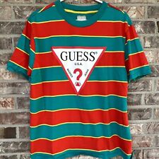 Guess Green-Yellow-Red Striped Vintage-style LOGO Tee MEDIUM Shirt