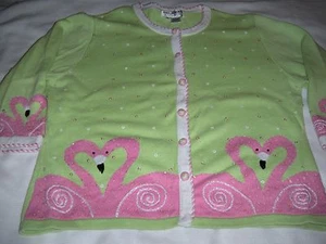 Jack B Quick Green Women's Cardigan Sz L Sweater Flamimgo 3/4" Sleeves Beaded - Picture 1 of 12