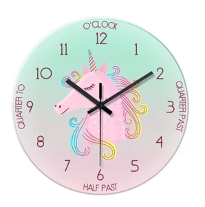 Cartoon Pink Unicorn Glass Wall Clock – Silent Quartz, 13.4"/16" Kids Room Decor - Picture 1 of 7