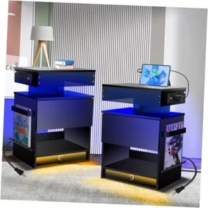 Nachttisch Set 2, Nachttisch mit Ladestation, Induktionslicht und LED - Bild 1 von 7
