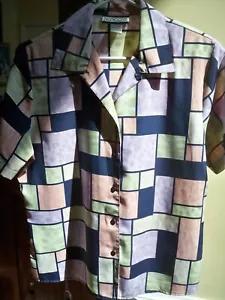 Vtg Notations Button Front Short Sleeve Blouse Polyester Sz M Navy Blue & Pastel - Picture 1 of 8