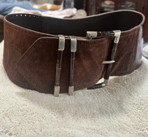 VTG GENUINE LEATHER, SUEDE & CROCODILE EXTRA WIDE WAIST BROWN BELT MADE IN ITALY - Picture 1 of 10