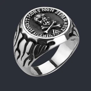 Masonic Ring Freemason Silver 925 Masonry Biker Skull Virtus Size 8 9 11 12 13 - Picture 1 of 12