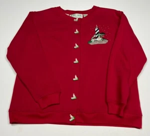 Emerald Isle Lighthouse Sweatshirt Cardigan Medium Red Embroidery Vintage - Picture 1 of 9