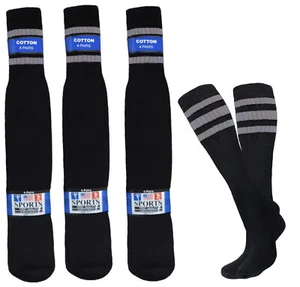 4-8-12 Pk Black Gray Striped tube Socks 22 inch Old School Cotton - Picture 1 of 10