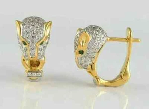 3CT Round Cut Lab Created Emerald/Diamond Panther Earring 14K Yellow Gold Plated - Picture 1 of 4