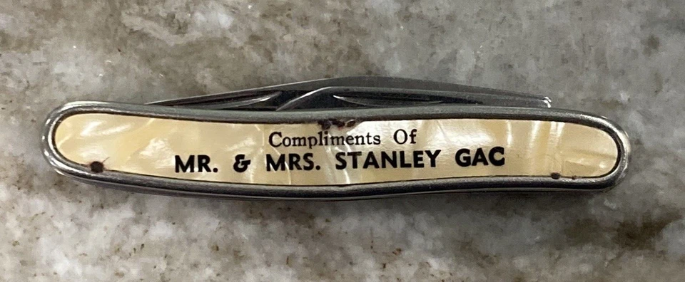 Colonial Pocket Knife 2 Blade Mr. & Mrs. Stanley GAC Shell Inlay 4390 - Image 1 of 4