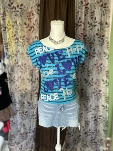 Y2K Justice Peace/ Love Glitter Leopard Striped Graphic Mesh Loose Crop Top - Picture 1 of 11