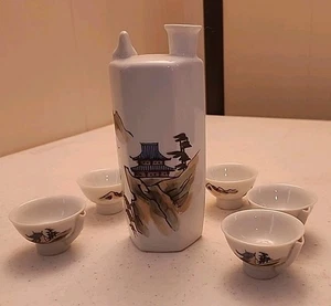 Vintage Sake Dekanter & sechs Tassen pfeifender Vogel handbemalt Pagode Japan kostenloser Versand - Bild 1 von 10