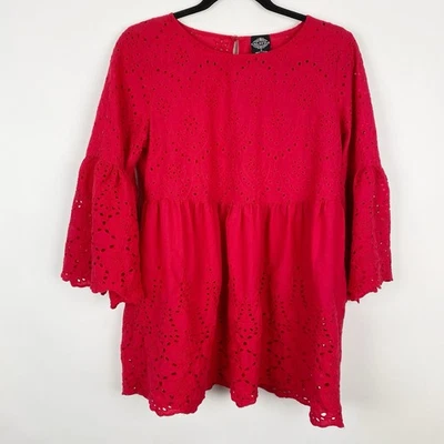 Cal Style Red Eyelet Lace Ruffle Babydoll Top Womens Size S Bell Sleeve - Image 1 of 4