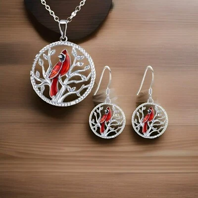 3pcs Red Bird Cardinal Round Pendant Necklace & Earrings Fashion Jewelry 102A - Image 1 of 4