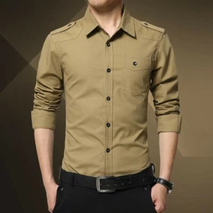 Para hombre Calce Ajustado Estilo Militar Camisa Informal Mangas Largas Ejército Bolsillos de Carga Algodón - Imagen 1 de 14