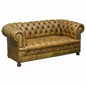 VICTORIAN HORSE HAIR GREEN HAND DYED LEATHER CHESTERFIELD FULLY BUTTON BASE SOFA - Picture 1 of 12