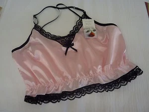 PALE PINK shiny SATIN shorty camisole CROP TOP black lace new Made in France - Picture 1 of 1
