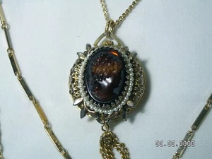 Vintage Color Oro 4-Chains, Vetro Cammeo Caricare Orologio Ciondolo Collana - Foto 1 di 11