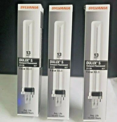 3x Sylvania Dulux S  13W 2700K 21136 CF13DS/827 2-PIN Compact Fluorescent Bulb - Image 1 of 4