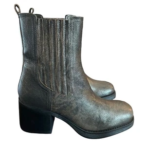 Kenneth Cole Jet Black Antique Gold Leather Chelsea Boots Chunky Heel Size 6.5 - Picture 1 of 11