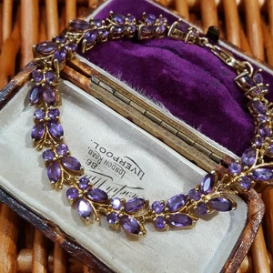 925 Sterling Silver Tennis Bracelet, Natural Amethyst Butterflies, 7.2", Gold  - Picture 1 of 10