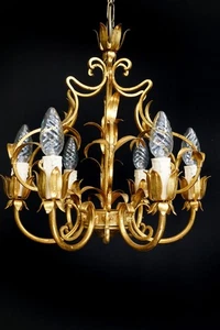6 fl. Italian Florentine chandelier Ceiling Light leaf restored - Picture 1 of 7