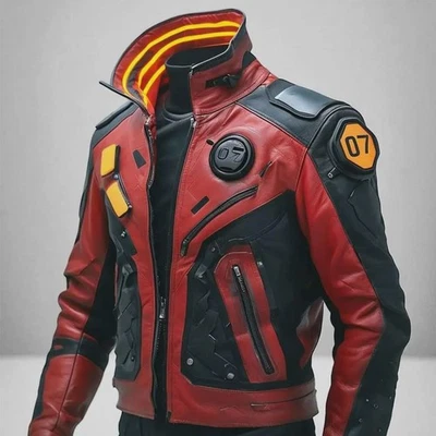 Cyberpunk Futuristic Sci-Fi Streetwear Rave Fashion Red Leather Biker Jacket - Image 1 of 4
