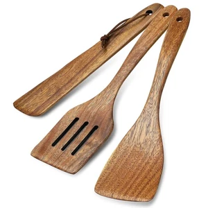 3Pcs Wooden Spatulas, Wooden Spatula for Cooking Long Handle Frying Turner No... - Foto 1 di 7