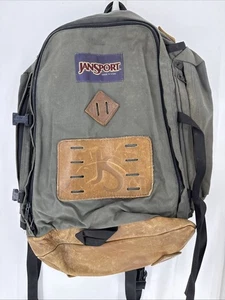 VTG 90s Jansport Canvas Backpack Green Leather Bottom Day Pack Hiking Made USA - Picture 1 of 3