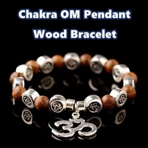 Boho Tribal Style Chakra OM Anhänger Holz Perlen Armband Naturstein Yoga Armreif - Bild 1 von 11