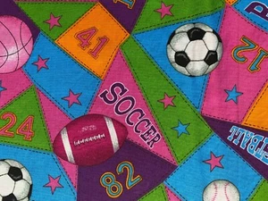 CRANSTON FABRIC~Sports Pennants~PATCHWORK~Soccer~Baseball~Basketball~PINK GREEN~ - Picture 1 of 2