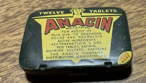 VINTAGE ANACIN ANALGESIC HINGED LID TIN 12 TABLET SIZE EMPTY - Picture 1 of 4