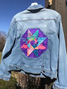 Upcycled Serra Denim Trucker Jacket Phish Donuts Star Patchwork Women's M - Picture 1 of 8