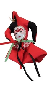 7" Mardi Gras Clown Mask Renaissance Porcelain Jester Red Black Harlequin - Picture 1 of 3